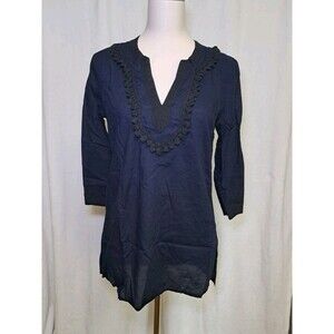 J. Crew Pom Pom Tunic Top Blouse Dark Blue Cotton Lightweight Size S Black